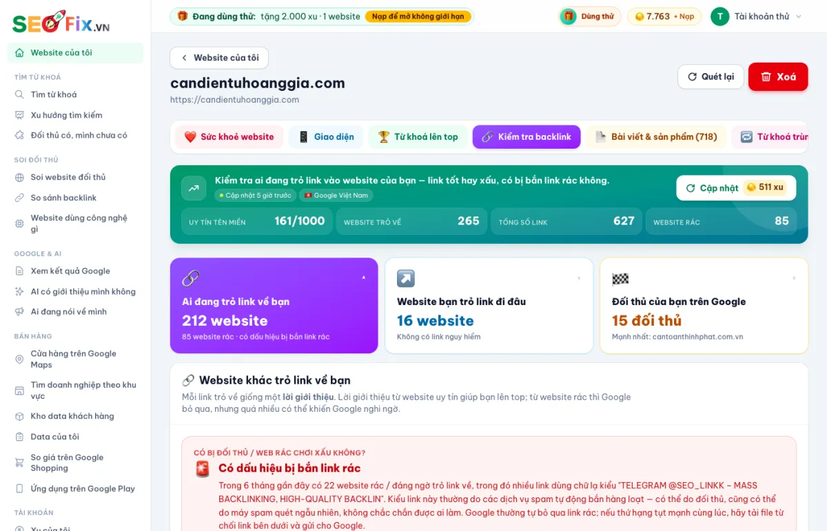 Demo SEOFix: 🔗 Đối thủ & backlink